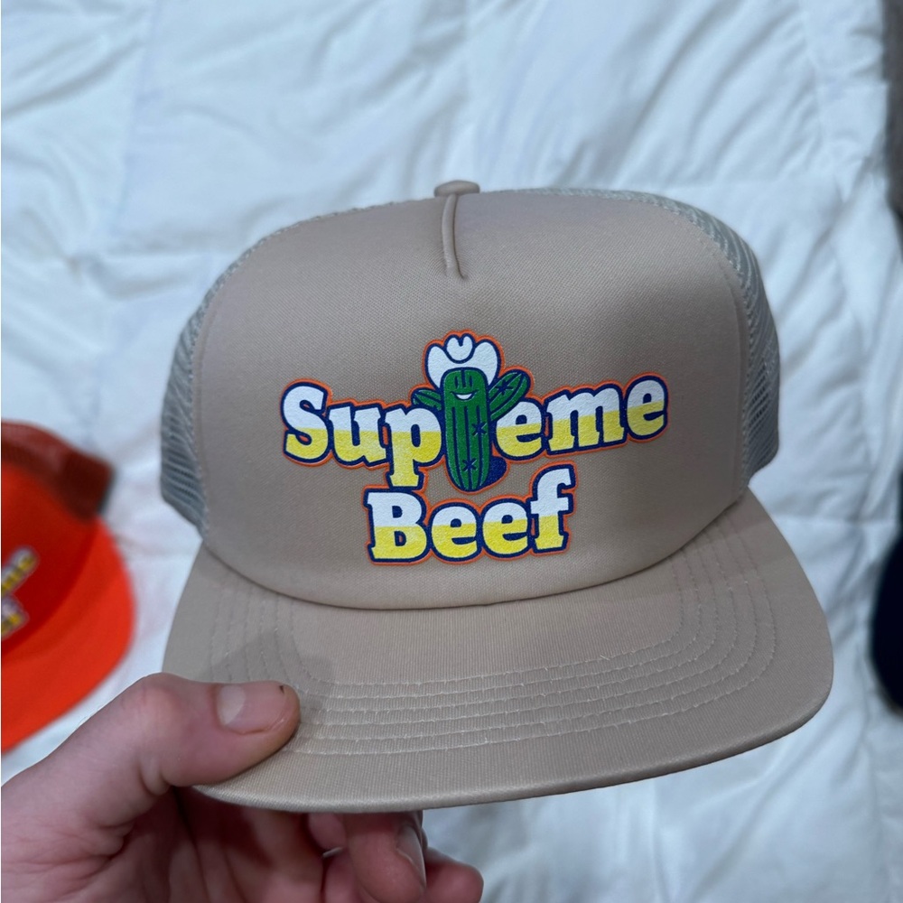 Supreme Beige Trucker Hat with Fun Logo